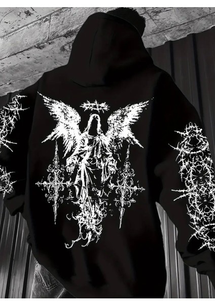 Büyük Beden Özel Tasarım Kapüşonlu Gothıc Dikenler Sırt Baskılı Hip Hop Erkek Sweatshırt