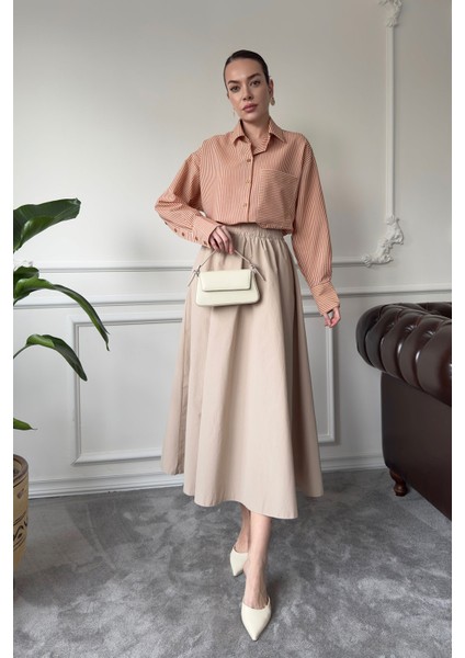 Beli Lastikli Kloş Blon Etek- Taş