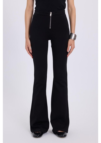 Kadın Slim Fit Dar Kesim Geniş Paça Fermuarlı siyah Pantolon