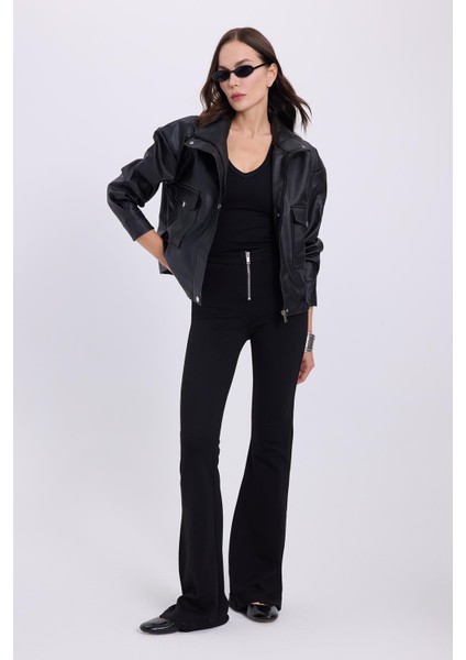 Kadın Slim Fit Dar Kesim Geniş Paça Fermuarlı siyah Pantolon fiyatları