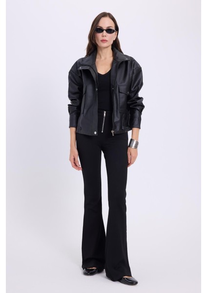 Kadın Slim Fit Dar Kesim Geniş Paça Fermuarlı siyah Pantolon fırsatları