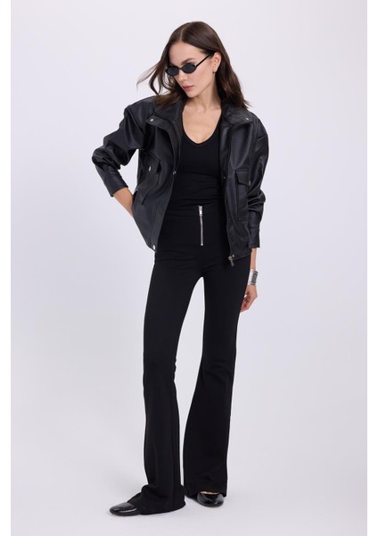 Kadın Slim Fit Dar Kesim Geniş Paça Fermuarlı siyah Pantolon indirimleri