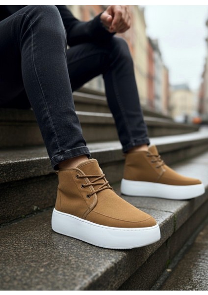 Bağcıklı Içi Kürklü Erkek Sneaker Bot Taba Süet (Beyaz Taban)