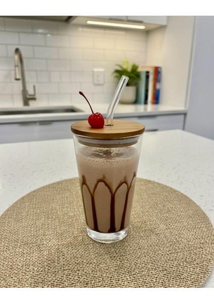Doğal Ahşap Kapaklı Cam Pipetli Bardak – 425 Cc, Büyük Boy, Smoothie, Soğuk Kahve ve Meyve Suyu, Limonata Bardağı