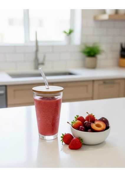 Doğal Ahşap Kapaklı Cam Pipetli Bardak – 425 Cc, Büyük Boy, Smoothie, Soğuk Kahve ve Meyve Suyu, Limonata Bardağı indirimleri