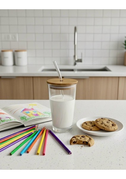 Doğal Ahşap Kapaklı Cam Pipetli Bardak – 425 Cc, Büyük Boy, Smoothie, Soğuk Kahve ve Meyve Suyu, Limonata Bardağı