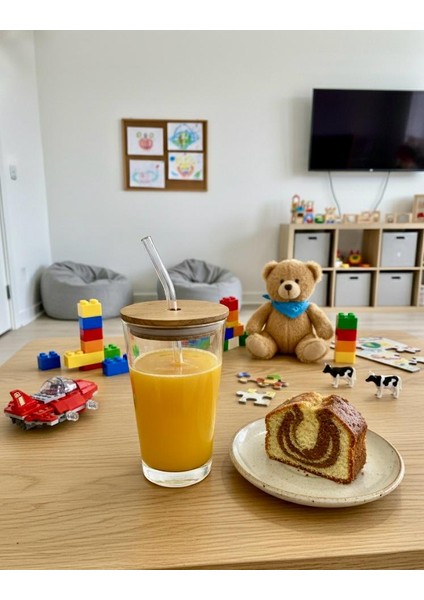 Doğal Ahşap Kapaklı Cam Pipetli Bardak – 425 Cc, Büyük Boy, Smoothie, Soğuk Kahve ve Meyve Suyu, Limonata Bardağı