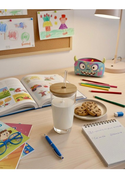 Doğal Ahşap Kapaklı Cam Pipetli Bardak – 425 Cc, Büyük Boy, Smoothie, Soğuk Kahve ve Meyve Suyu, Limonata Bardağı