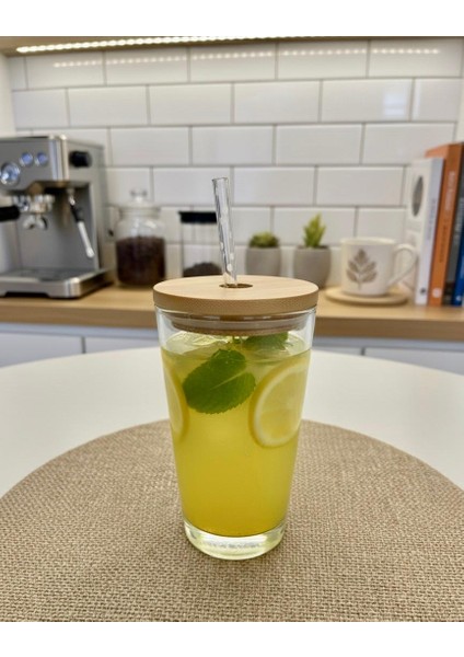 Doğal Ahşap Kapaklı Cam Pipetli Bardak – 425 Cc, Büyük Boy, Smoothie, Soğuk Kahve ve Meyve Suyu, Limonata Bardağı