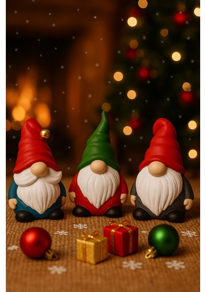 biton 3 lü set noel cüceleri el boyama biblo 13 cm – premium yılbaşı dekor koleksiyonluk hediye