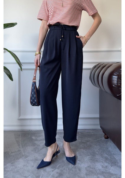 Beli Lastikli Bağlama Detay Pantolon- Lacivert
