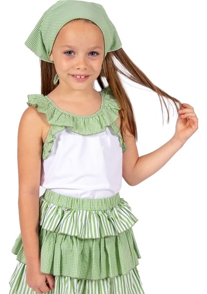 %100 Pamuk Fırfırlı Yeşil Volanlı Yazlık Kız Çocuk Bluz