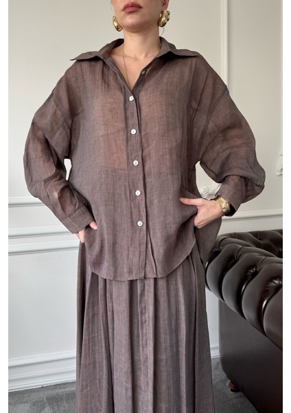 Oversize Gömlekli Etekli Takım- Kahverengi