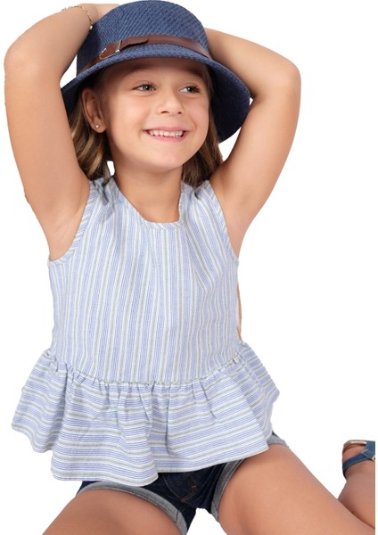 %100 Pamuk Mavi Çizgili Geniş Volanlı Yazlık Kız Çocuk Bluz