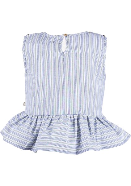 %100 Pamuk Mavi Çizgili Geniş Volanlı Yazlık Kız Çocuk Bluz fırsatları