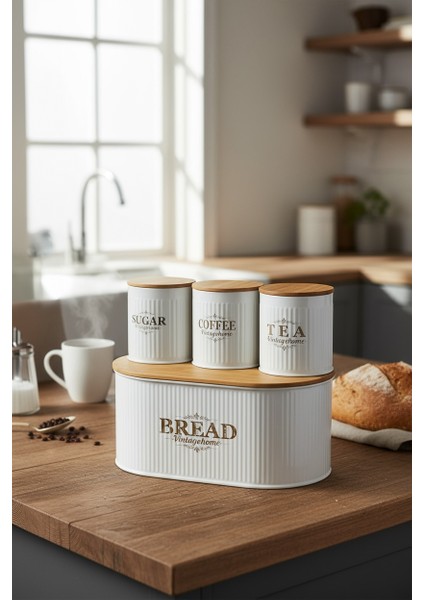 Bambu Kapaklı Metal Ekmeklik ve Kavanoz Seti