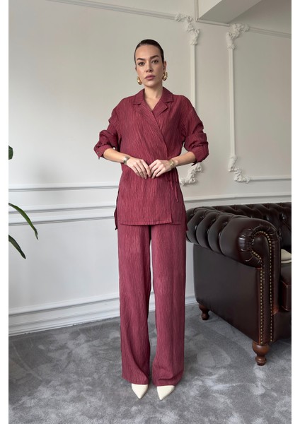Baskılı Gömlek Pantolon Takım- Bordo