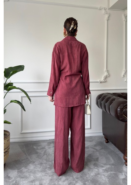 Baskılı Gömlek Pantolon Takım- Bordo