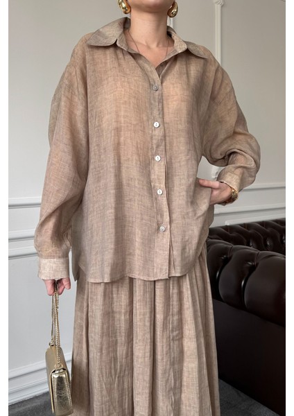 Oversize Gömlekli Etekli Takım- Camel