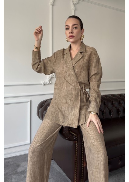 Baskılı Gömlek Pantolon Takım- Camel