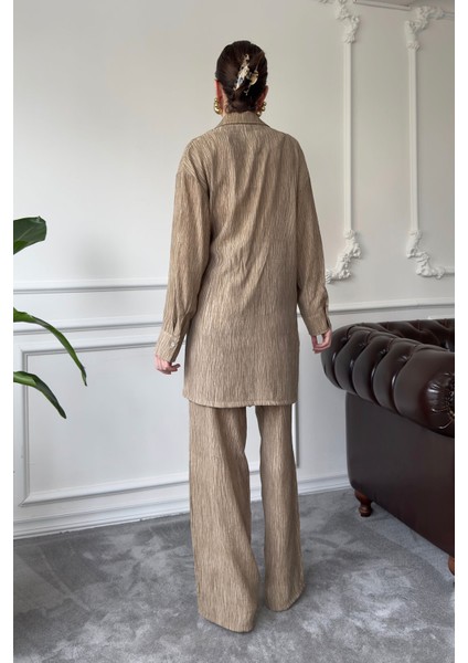 Baskılı Gömlek Pantolon Takım- Camel
