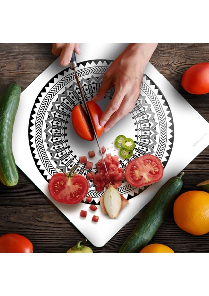 Cam Kesme Tahtası ve Sunumluk Kare Siyah Beyaz Çini 30X30 cm modelleri