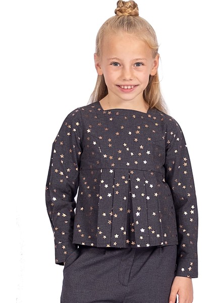 %100 Pamuk Yaldız Baskılı Antrasit Kışlık Kız Çocuk Bluz