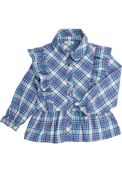 Fırfırlı Mavi Ekose Kışlık Kız Çocuk Gömlek
