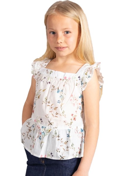 Organik Çiçek Desenli Fırfırlı Ekru Yazlık Kız Çocuk Bluz