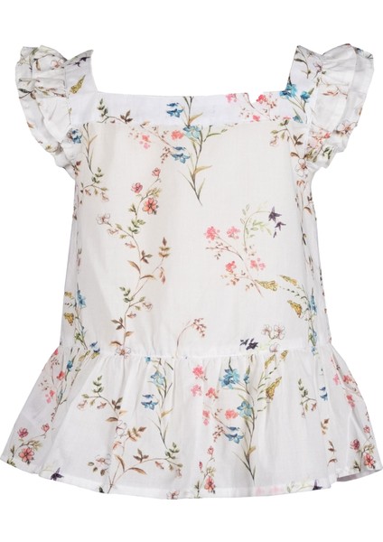 Organik Çiçek Desenli Fırfırlı Ekru Yazlık Kız Çocuk Bluz fiyatları