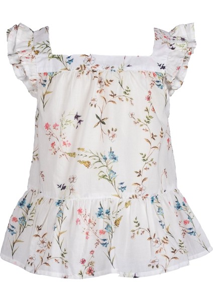 Organik Çiçek Desenli Fırfırlı Ekru Yazlık Kız Çocuk Bluz fırsatları