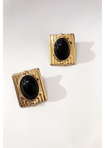Gold Detaylı Siyah Mineli Büyük Vintage Küpe modelleri