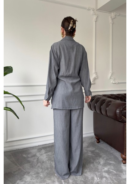 Baskılı Gömlek Pantolon Takım- Füme