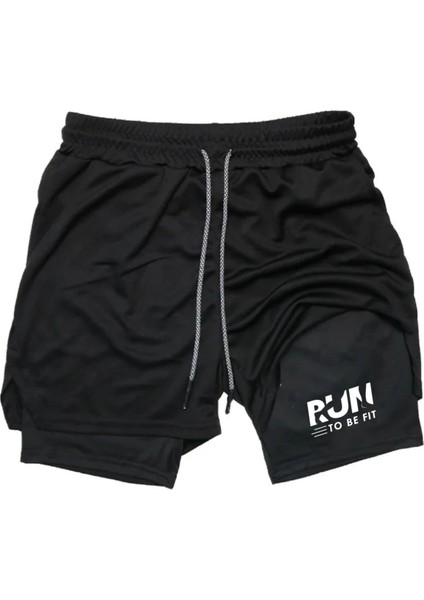 Hızlı Kuruyan 2 In 1 Yetişkin Unisex Spor Run To Be Fit Baskılı Taytlı Şort Fitness Gym Antrenman
