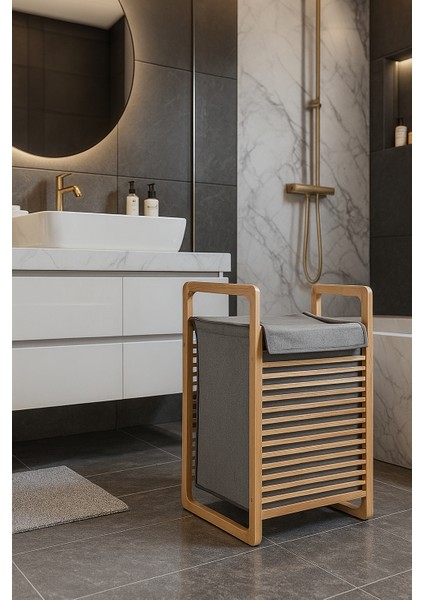 Modern Bambu Çamaşır Kirli Sepeti Geniş Hacim 61X40 X35 cm 100 Lt