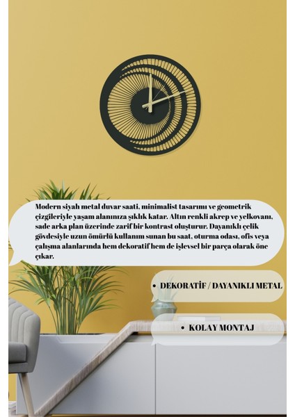 Modern Siyah Metal Duvar Saati Dekoratif Geometrik Tasarım 45X45 cm