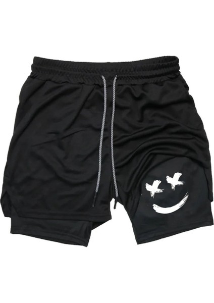 Hızlı Kuruyan 2 In 1 Yetişkin Unisex Spor Gülen Yüz Baskılı Taytlı Şort Fitness Gym Antrenman Halı