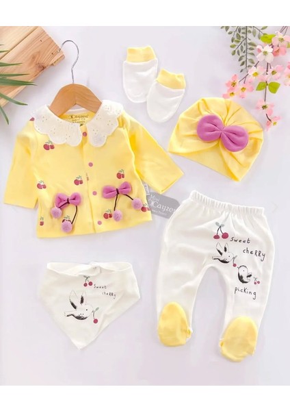 Kız Bebek %100 Pamuklu Sarı Kiraz Detaylı Hastane Çıkışı Zıbın Takımı BBK0071