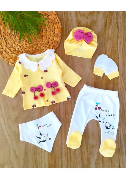 Kız Bebek %100 Pamuklu Sarı Kiraz Detaylı Hastane Çıkışı Zıbın Takımı BBK0071 fiyatları