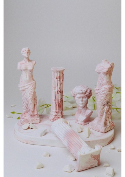 Antik Heykel Seti - Antik Büst ve Sütun Dekoratif Set – 5 Parçalı Kiremit Desen Beton Dekorasyon