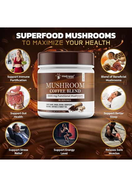 Wellness Labs Mushroom Coffee Lions Mane, Chaga, Reishi, Cordyceps, Maitake, Shiitake, And Turkey Tail 90 Servings