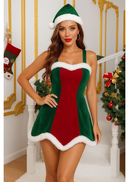 Noel Temalı Kadife Mini Kostüm – Zümrüt Yeşili & Kırmızı |