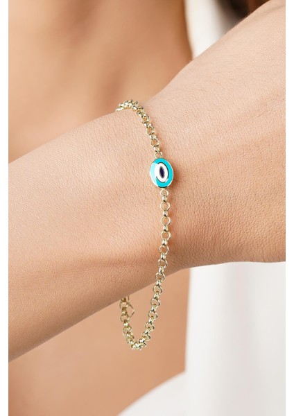 14 Ayar Altın Doch Zincirde Turkuaz Mineli Nazarlık Bileklik