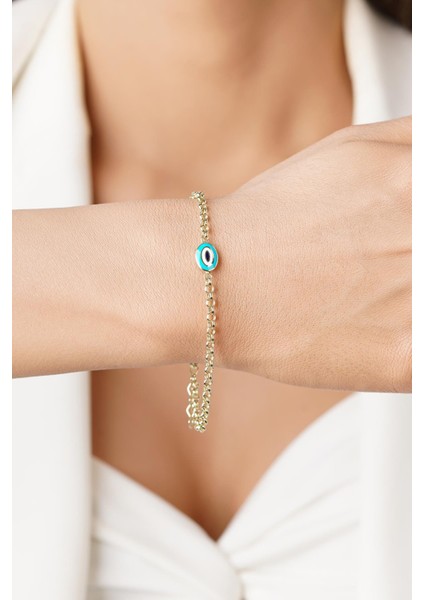 14 Ayar Altın Doch Zincirde Turkuaz Mineli Nazarlık Bileklik modelleri