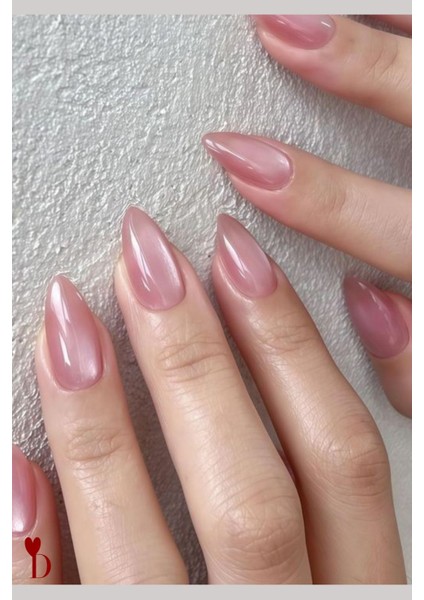 12'li Badem Pembe Kedi Gözü Takma Tırnak Set / Yapıştırıcılı