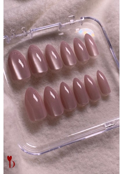 12'li Badem Pembe Kedi Gözü Takma Tırnak Set / Yapıştırıcılı modelleri
