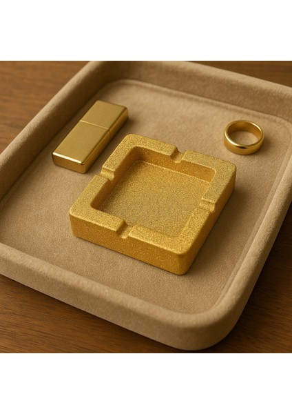 Epoksi Altın Kül Tablası - Simli, Kare, Dekoratif Küllük ve Modern Ofis Hediyesi fırsatları