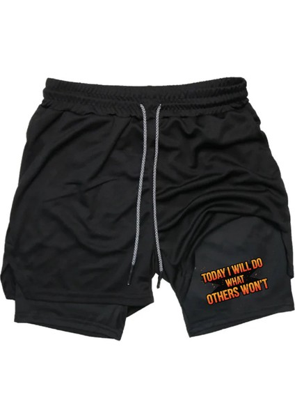 Hızlı Kuruyan 2 In 1 Yetişkin Unisex Spor Today I Will Do Baskılı Taytlı Şort Fitness Gym Antrenman