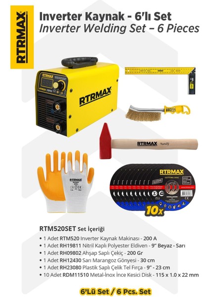 RTM520SET Inverter Kaynak Makinası - 6'lı Set -Eldiven-Çekiç-Gönye-Tel Fırça-Kesici Disk