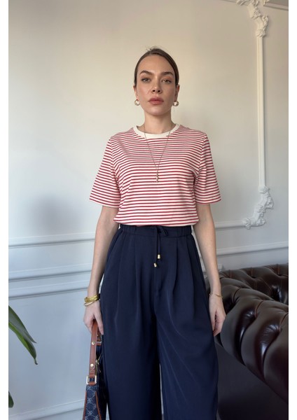 Marka Model Çizgili Kısa Kol Tshirt- Kırmızı